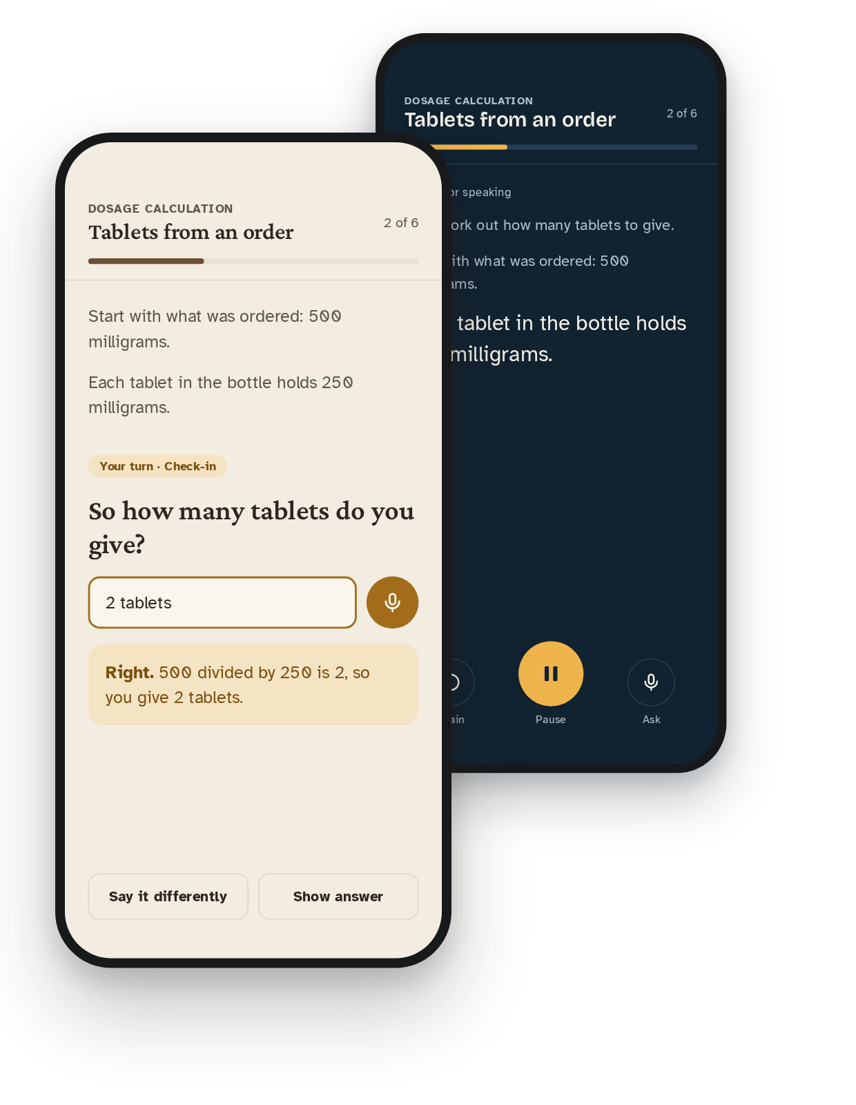 SyncroTutor's lesson screen on a phone, asking a check-in question, with a second phone behind it showing the dark Lamplight look